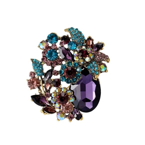 Floral Crystal Cluster Brooch Purple & Teal Rhinestones Gold-Tone - Picture 1 of 2